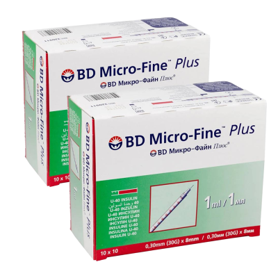 Шприцы инсулиновые с интегрированной иглой BD Micro-Fine Plus 1 мл U-40 (8 мм х 30G), 200 шт. Шприцы инсулиновые с интегрированной иглой BD Micro-Fine Plus 1 мл U-40 (8 мм х 30G), 200 шт.