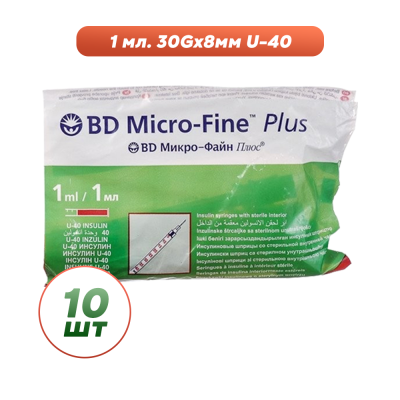 Шприцы инсулиновые с интегрированной иглой BD Micro-Fine Plus 1 мл U-40 (8 мм х 30G), 10 шт. Шприцы инсулиновые с интегрированной иглой BD Micro-Fine Plus 1 мл U-40 (8 мм х 30G), 10 шт.