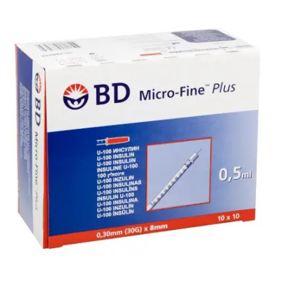 Шприц инсулиновый BD Micro-Fine Plus 0.5 мл U-100 (30G) x 8 мм., 100 шт.