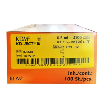 Шприцы инсулиновые с интегрированной иглой KDM KD-JECT III 0.5 мл U-100 (12.7 мм х 29G), 100 шт.