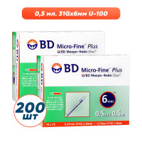 Шприцы инсулиновые Микро-Файн Плюс / Micro-fine Plus U-100/0,5 мл с иглой 31G (0.25мм*6мм), 200 шт.