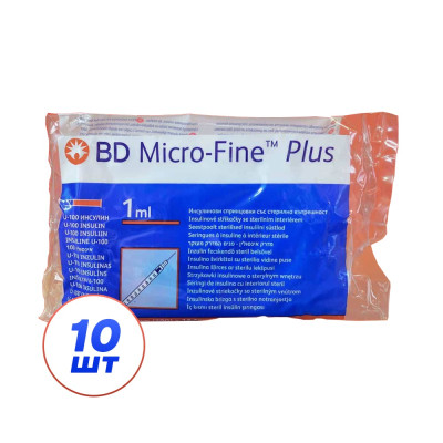 Шприцы инсулиновые с интегрированной иглой BD Micro-Fine Plus 1 мл U-100 (12.7 мм х 29G), 10 шт. Шприцы инсулиновые с интегрированной иглой BD Micro-Fine Plus 1 мл U-100 (12.7 мм х 29G), 10 шт.