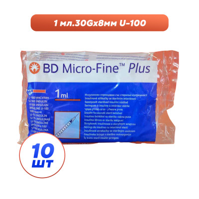 Шприцы инсулиновые с интегрированной иглой BD Micro-Fine Plus 1 мл U-100 (8 мм х 30G), 10 шт. Шприцы инсулиновые с интегрированной иглой BD Micro-Fine Plus 1 мл U-100 (8 мм х 30G), 10 шт.
