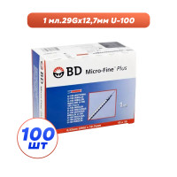 Шприцы инсулиновые с интегрированной иглой BD Micro-Fine Plus 1 мл U-100 (12.7 мм х 29G), 100 шт.