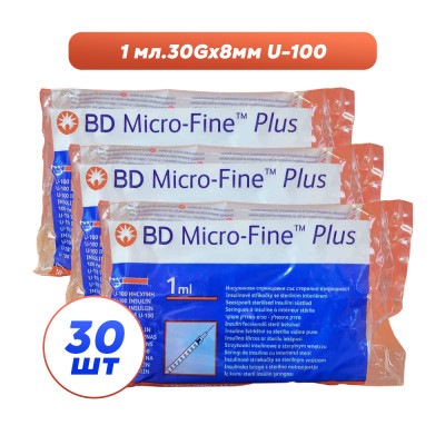 Шприцы инсулиновые с интегрированной иглой BD Micro-Fine Plus 1 мл U-100 (8 мм х 30G), 30 шт. Шприцы инсулиновые с интегрированной иглой BD Micro-Fine Plus 1 мл U-100 (8 мм х 30G), 30 шт.