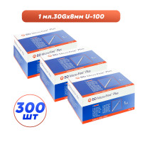 Шприци інсулінові з інтегрованою голкою BD Micro-Fine Plus 1 мл U-100 (8 мм х 30G), 300 шт.