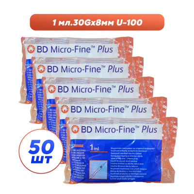 Шприцы инсулиновые с интегрированной иглой BD Micro-Fine Plus 1 мл U-100 (8 мм х 30G), 50 шт. Шприцы инсулиновые с интегрированной иглой BD Micro-Fine Plus 1 мл U-100 (8 мм х 30G), 50 шт.