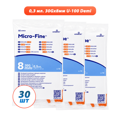 Шприц инсулиновый BD Micro-Fine Plus 0.5 мл U-100 (30G) x 8 мм., 30 шт.