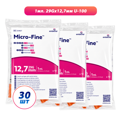 Шприцы инсулиновые с интегрированной иглой BD Micro-Fine Plus 1 мл U-100 (12.7 мм х 29G), 30 шт. Шприцы инсулиновые с интегрированной иглой BD Micro-Fine Plus 1 мл U-100 (12.7 мм х 29G), 30 шт.