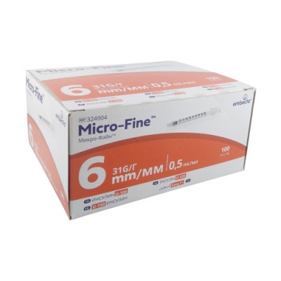 Шприцы инсулиновые Микро-Файн Плюс / Micro-fine Plus U-100/0,5 мл с иглой 31G (0.25мм*6мм), 100 шт.