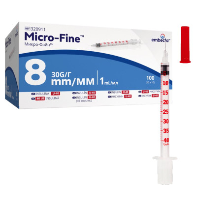 Шприцы инсулиновые с интегрированной иглой BD Micro-Fine Plus 1 мл U-40 (8 мм х 30G), 100 шт.