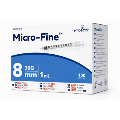 Шприцы инсулиновые с интегрированной иглой BD Micro-Fine Plus 1 мл U-100 (8 мм х 30G), 100 шт.