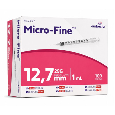 Шприцы инсулиновые с интегрированной иглой BD Micro-Fine Plus 1 мл U-100 (12.7 мм х 29G), 100 шт.
