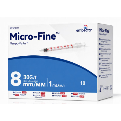 Шприцы инсулиновые с интегрированной иглой BD Micro-Fine Plus 1 мл U-40 (8 мм х 30G), 100 шт.