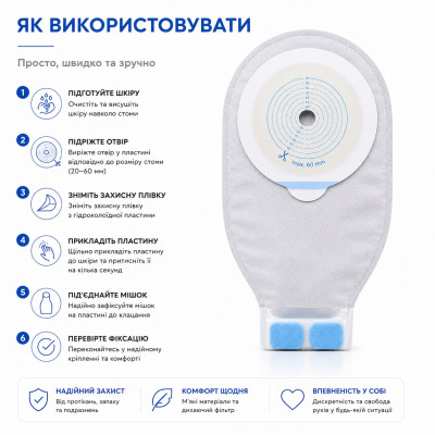 Калоприймач Ostomy Bag однокомпонентний відкритий непрозорий 20–60 мм з вугільним фільтром | Аналог Coloplast SenSura Mio, 1 шт. Калоприймач Ostomy Bag однокомпонентний відкритий непрозорий 20–60 мм з вугільним фільтром | Аналог Coloplast SenSura Mio, 1 шт.