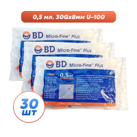 Шприц инсулиновый BD Micro-Fine Plus 0.5 мл U-100 (30G) x 8 мм., 30 шт.