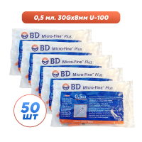 Шприц инсулиновый BD Micro-Fine Plus 0.5 мл U-100 (30G) x 8 мм., 50 шт.
