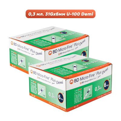 Шприцы инсулиновые Микро-Файн Плюс Деми / Micro-fine Plus Demi U-100/0,3 мл с иглой 31G (0.25мм*6мм), 200 шт.