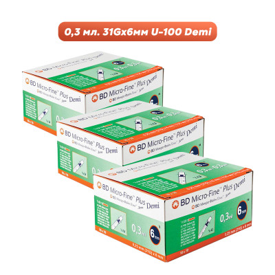 Шприцы инсулиновые Микро-Файн Плюс Деми / Micro-fine Plus Demi U-100/0,3 мл с иглой 31G (0.25мм*6мм), 300 шт. Шприцы инсулиновые Микро-Файн Плюс Деми / Micro-fine Plus Demi U-100/0,3 мл с иглой 31G (0.25мм*6мм), 300 шт.