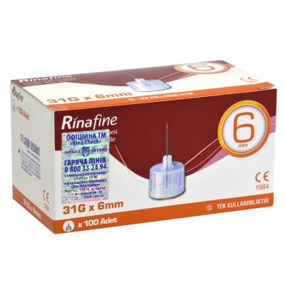 Иглы для инсулиновых шприц-ручек Rinafine (Ринафайн) размер 31G (0.25 мм x 6 мм), 100 шт.